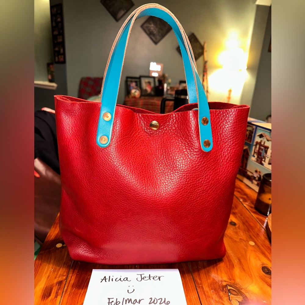 KMM Red Cypress Leather Mini Tote Bag with Turquoise Handles